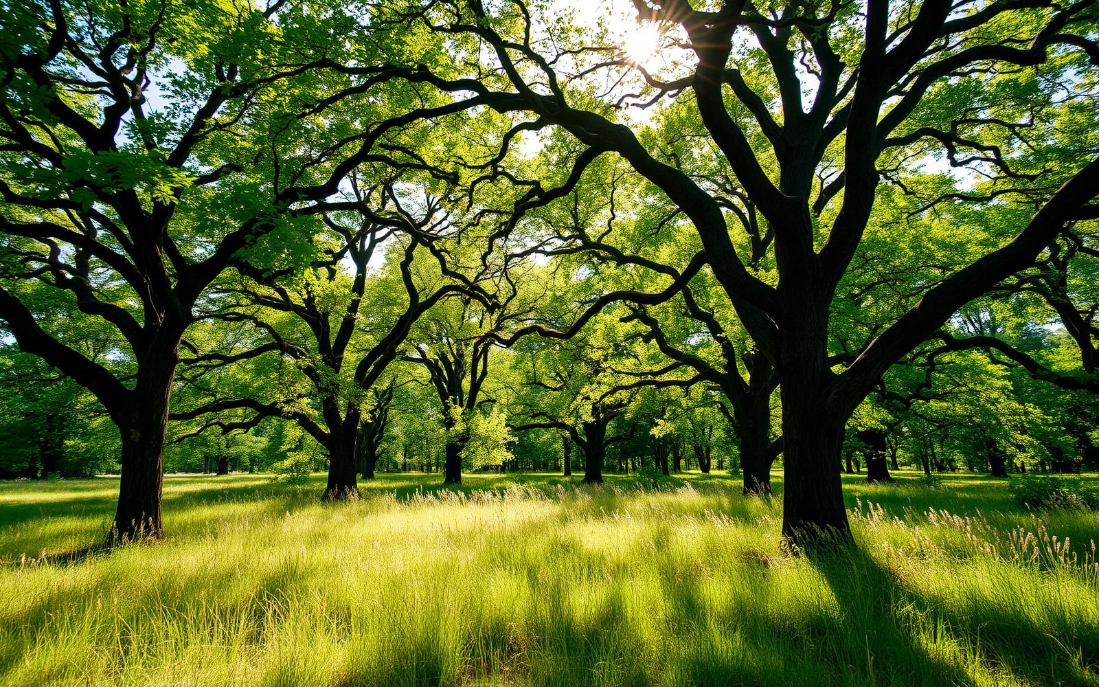 Oak savanna understory with bur oaks and dappled sunlight over native grasses and forbs