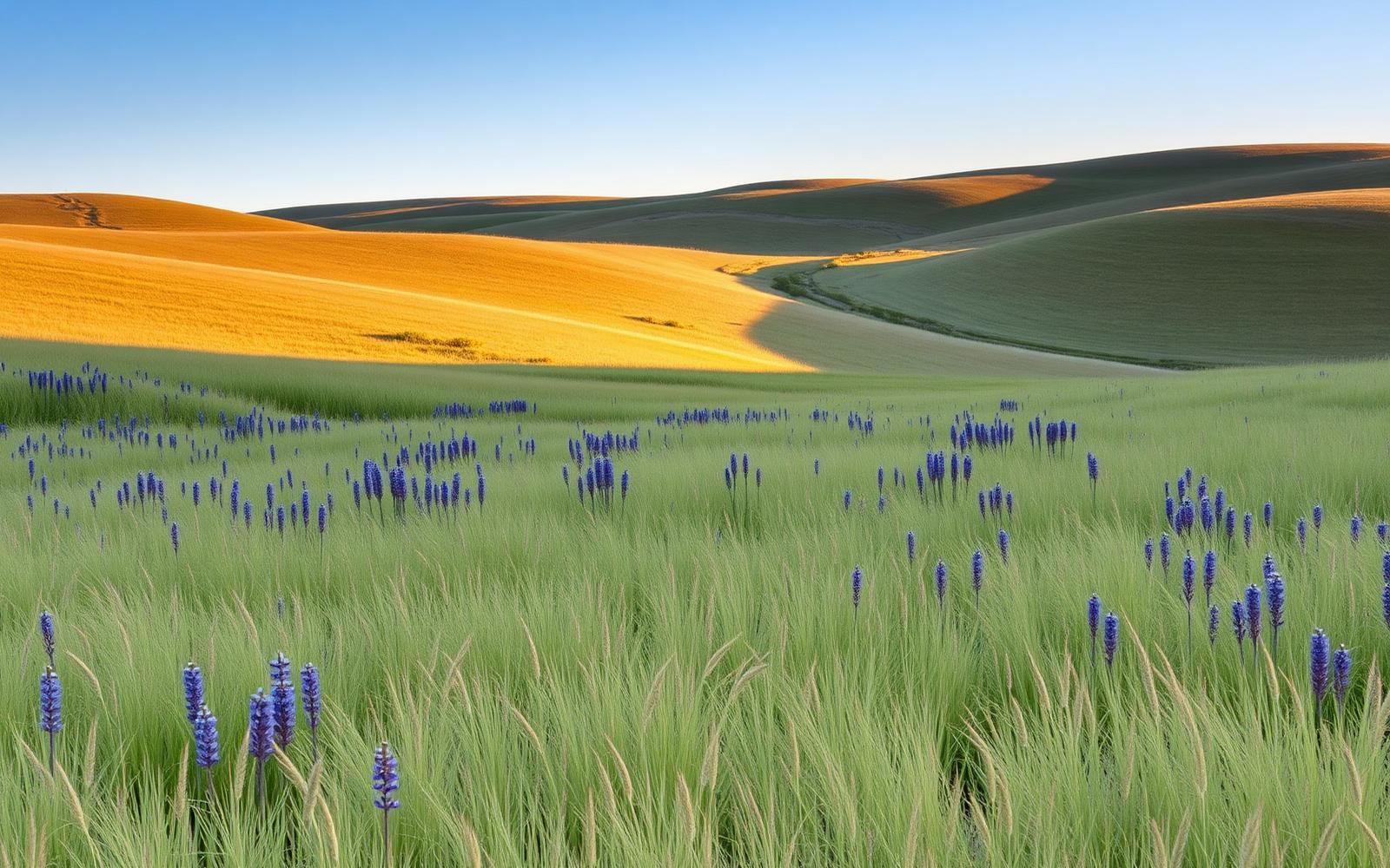 Restored shortgrass prairie of little bluestem and sideoats grama on rolling upland hills
